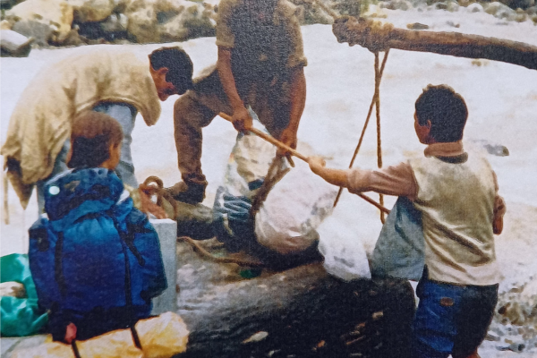 Boat crossing river in Nepal 1980s